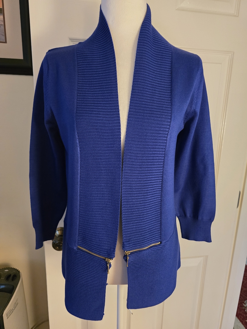 Premise Royal Blue Open-Front Ribbed Shawl Cardigan with Zip Accents Sz. (Med)